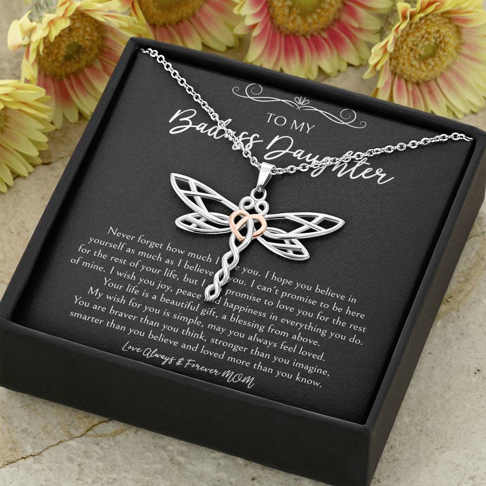 To My Badass Daughter Gifts, Never Forget How Much I Love You, Dragonfly Necklace For Women, Birthday Present Idea From Mom