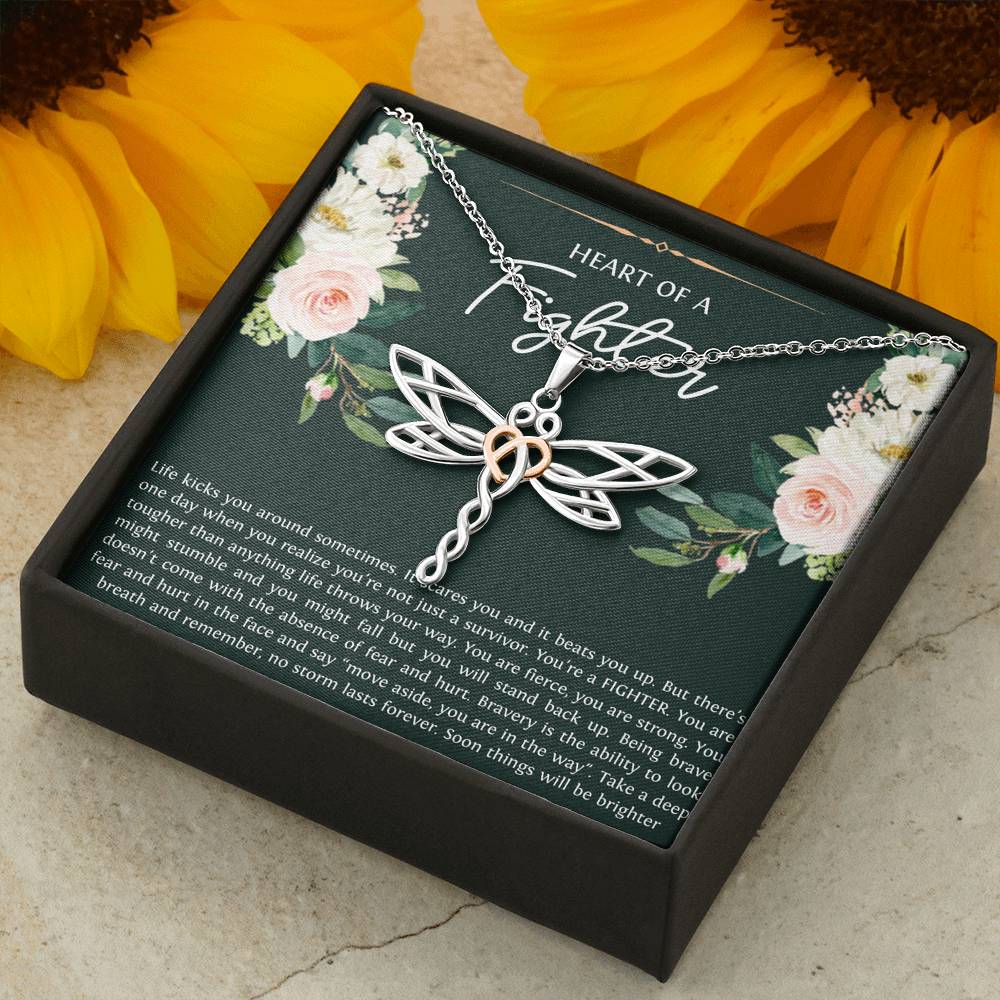 Encouragement Gifts, Heart of a Fighter, Motivational Dragonfly Necklace For Women, Sympathy Inspiration Friendship Present