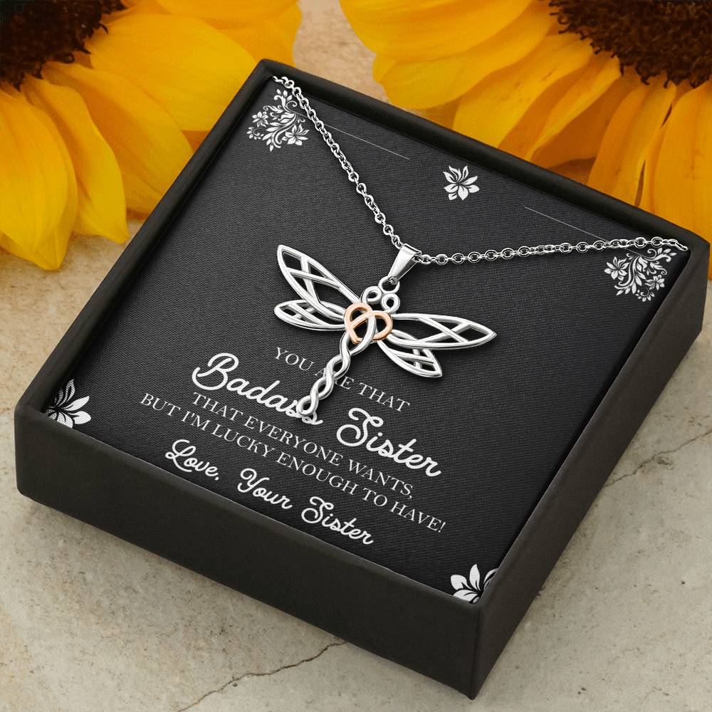 To My Badass Sister Gifts, Lucky To  Have You, Dragonfly Necklace For Women, Birthday Present Idea From Sister