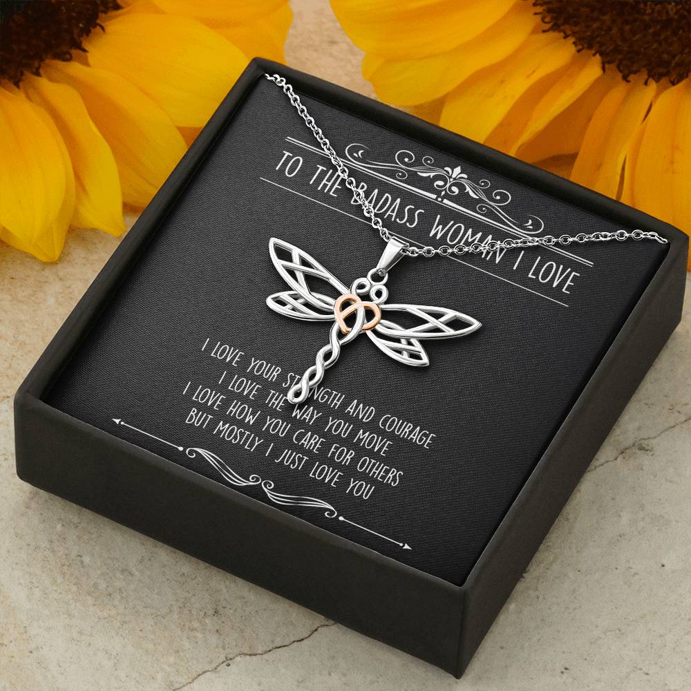 To My Badass Wife, I Just Love You, Dragonfly Necklace For Women, Anniversary Birthday Valentines Day Gifts From Husband