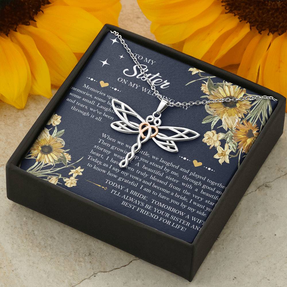 Sister of the Bride Gifts, I'll Always Be Your Sister, Dragonfly Necklace For Women, Wedding Day Thank You Ideas From Bride