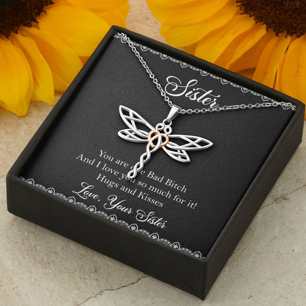 To My Badass Sister Gifts, Hugs And Kisses, Dragonfly Necklace For Women, Birthday Present Idea From Sister