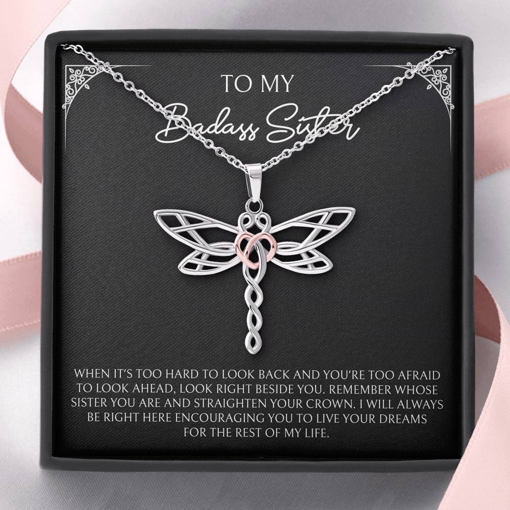 To My Badass Sister Gifts, When It's Too Hard To Look Back, Dragonfly Necklace For Women, Birthday Present Ideas From Sister Brother