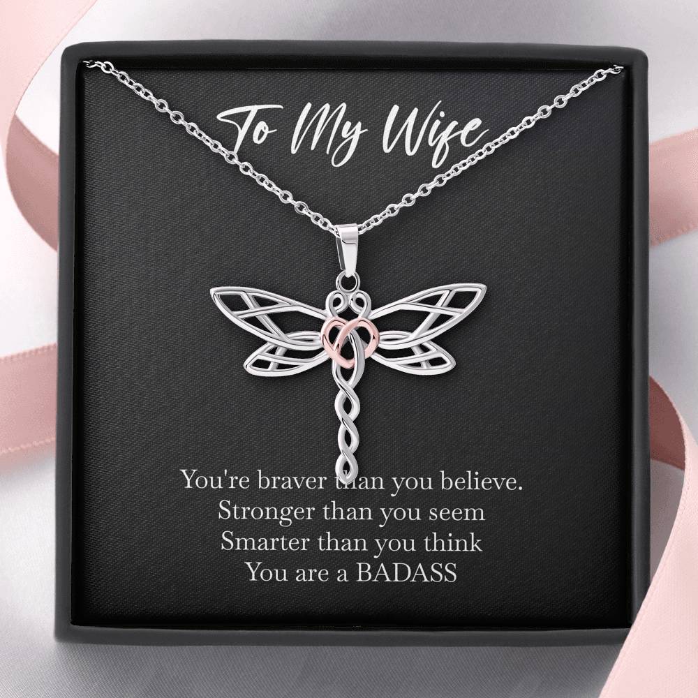 To My Badass Wife, Braver Than You Believe, Dragonfly Necklace For Women, Anniversary Birthday Valentines Day Gifts From Husband