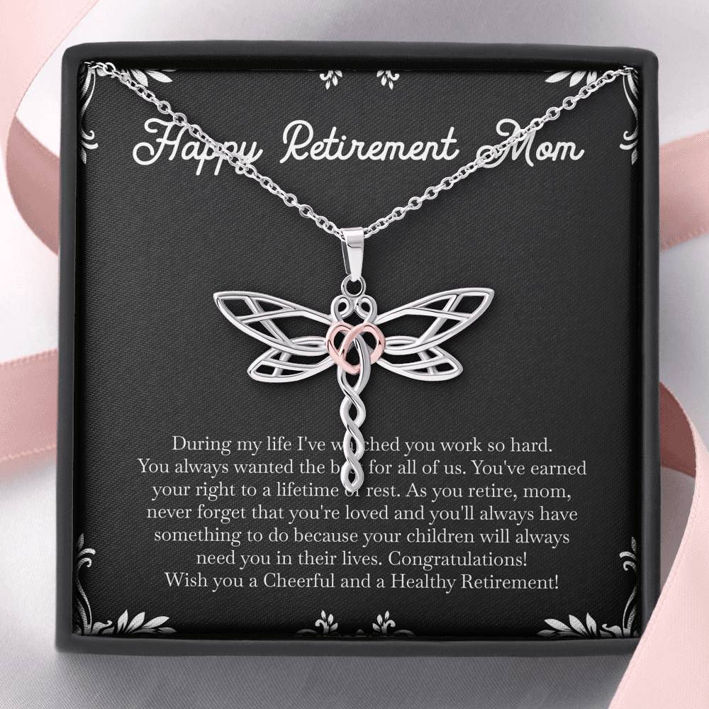 Mom Retirement Gifts, Never Forget, Happy Retirement Dragonfly Necklace For Women, Retirement Party Favor From Daughter Son