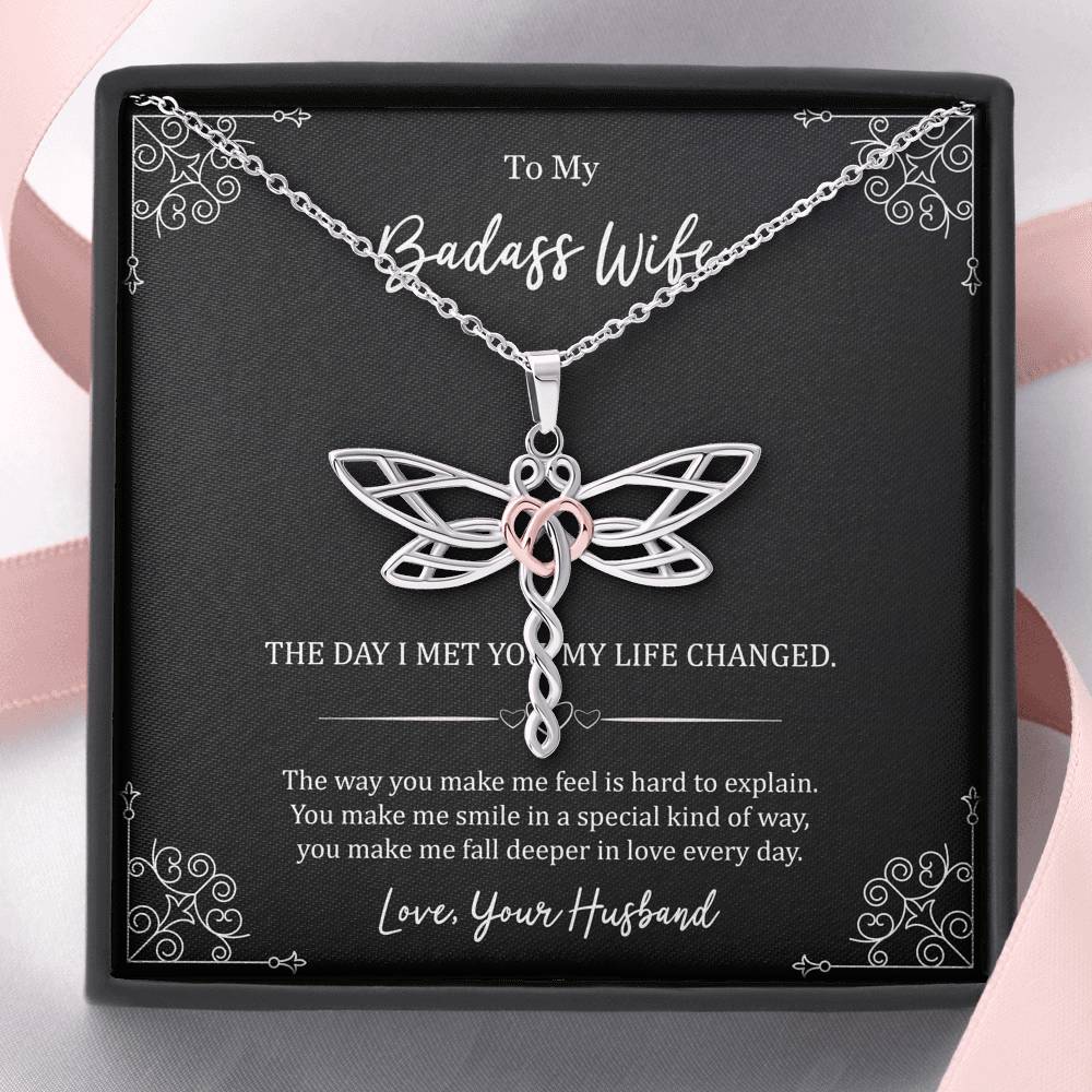 To My Badass Wife, The Day I Met You My Life Changed, Dragonfly Necklace For Women, Anniversary Birthday Gifts From Husband