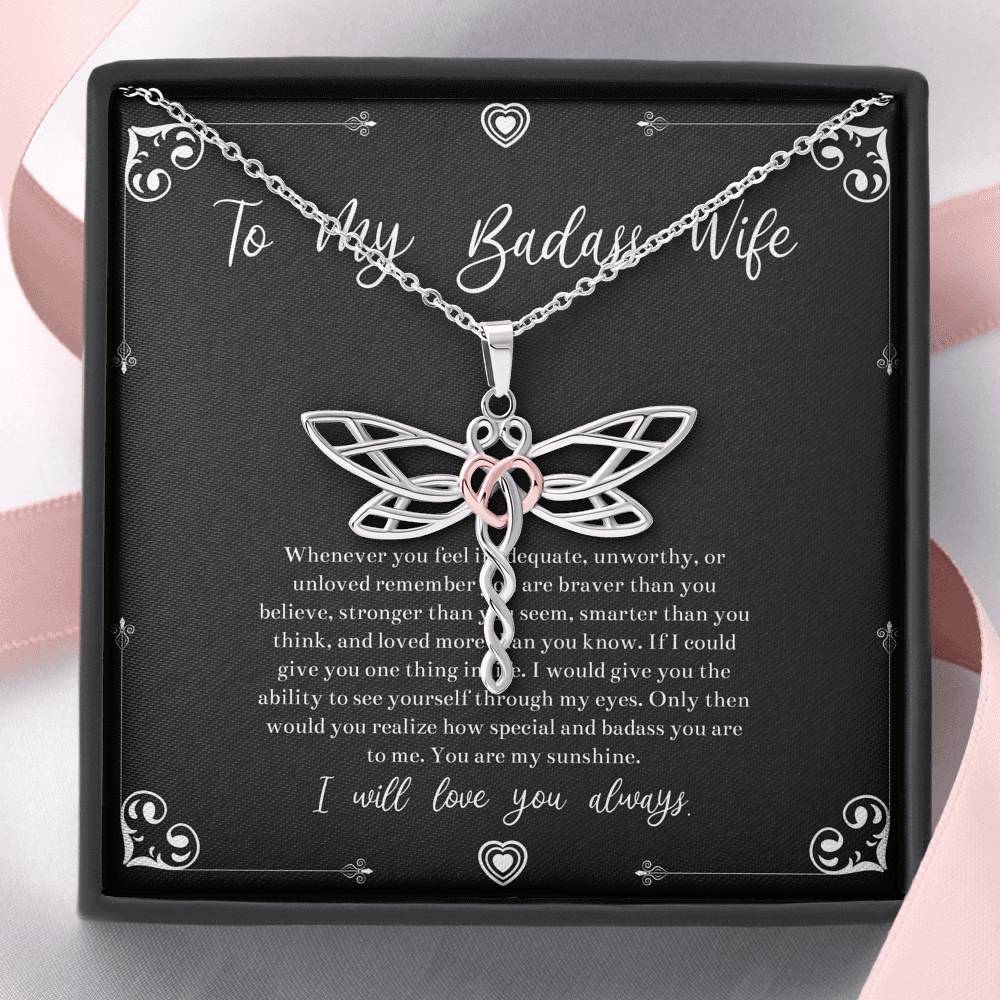 To My Badass Wife, You Are My Sunshine, Dragonfly Necklace For Women, Anniversary Birthday Valentines Day Gifts From Husband