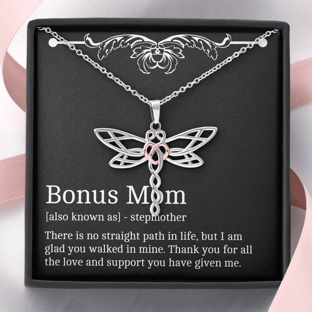 To My Bonus Mom Gifts, Thank You For All The Love, Dragonfly Necklace For Women, Birthday Mothers Day Present From Bonus Daughter