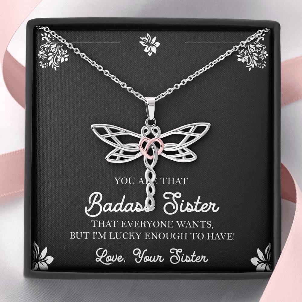 To My Badass Sister Gifts, Lucky To  Have You, Dragonfly Necklace For Women, Birthday Present Idea From Sister