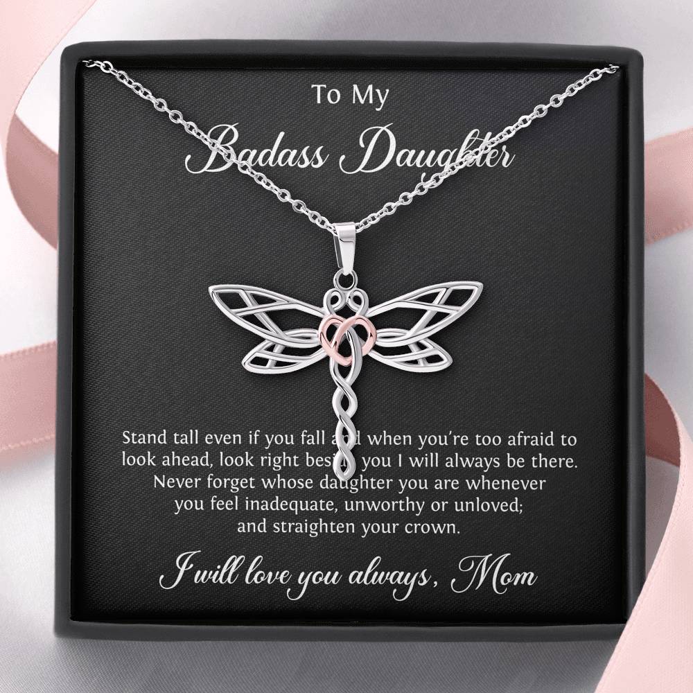 To My Badass Daughter Gifts, Stand Tall Even If You Fall, Dragonfly Necklace For Women, Birthday Present Idea From Mom