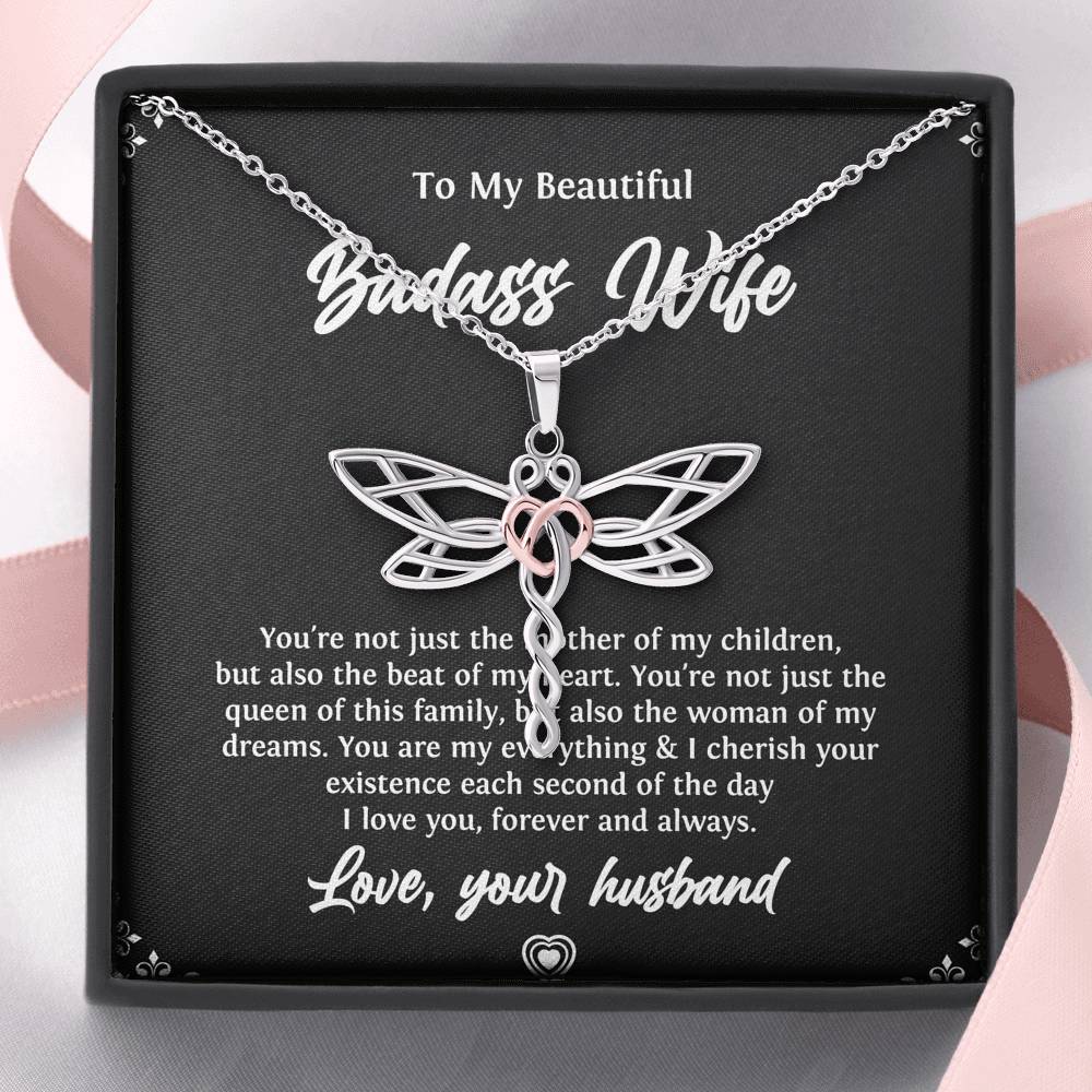 To My Badass Wife, Beat Of My Heart, Dragonfly Necklace For Women, Anniversary Birthday Valentines Day Gifts From Husband
