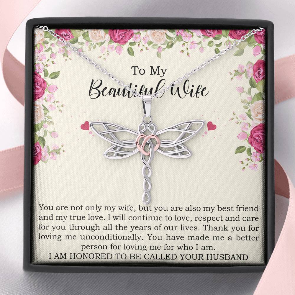To My Wife, To My Beautiful Wife, Dragonfly Necklace For Women, Anniversary Birthday Gifts From Husband