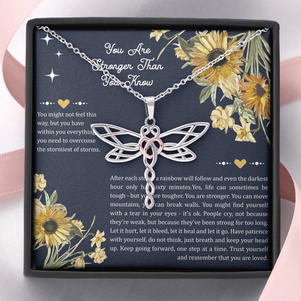 Encouragement Gifts, You Are Stronger, Motivational Dragonfly Necklace For Women, Sympathy Inspiration Friendship Present