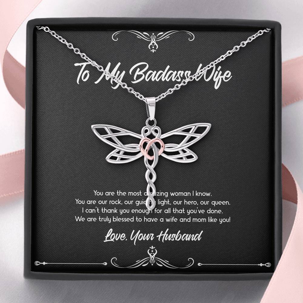 To My Badass Wife, You Are Our Rock, Dragonfly Necklace For Women, Anniversary Birthday Valentines Day Gifts From Husband