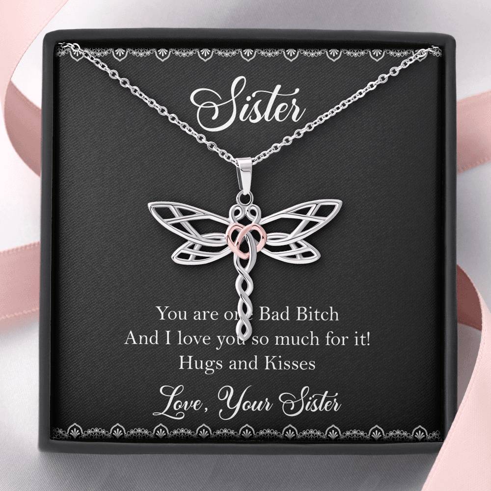 To My Badass Sister Gifts, Hugs And Kisses, Dragonfly Necklace For Women, Birthday Present Idea From Sister