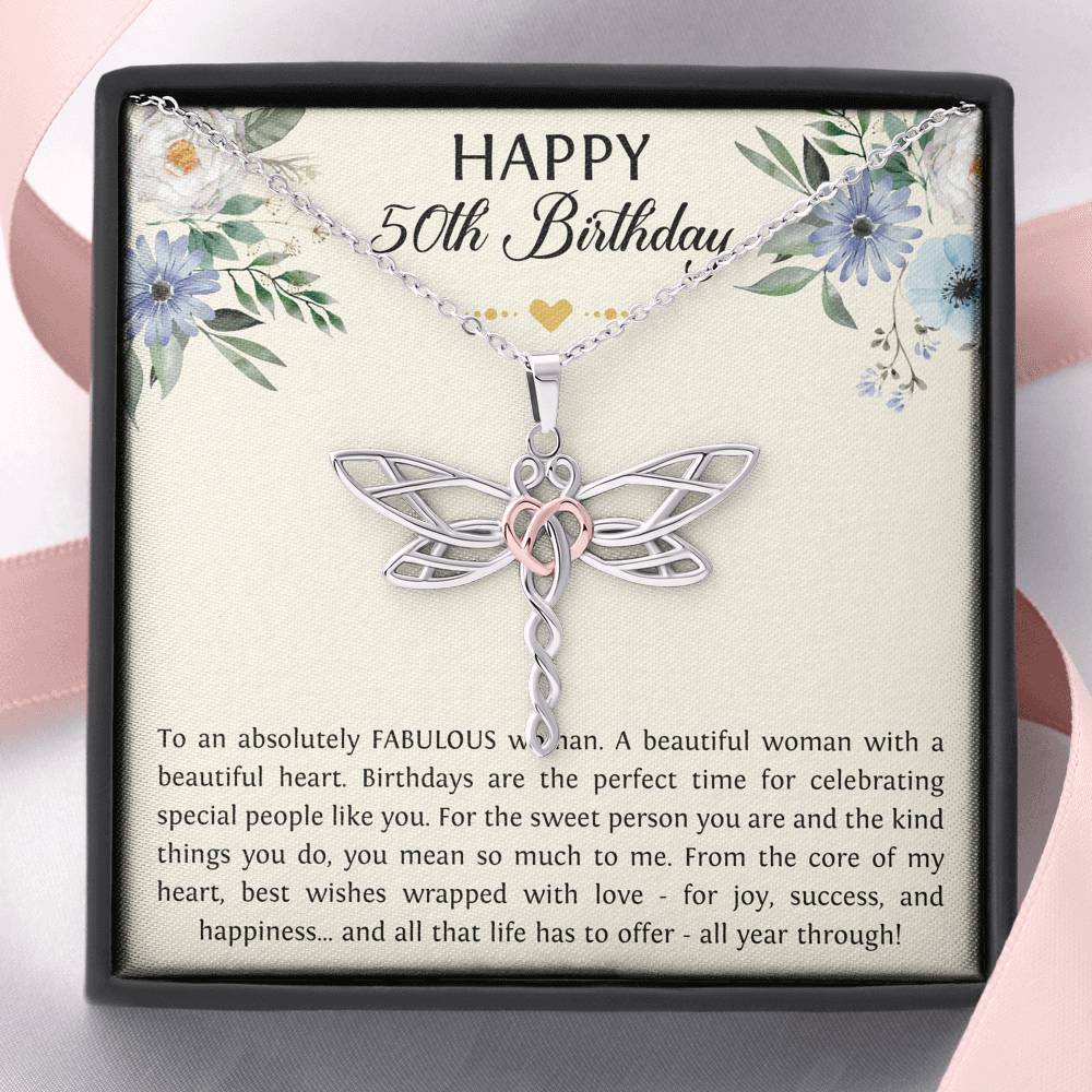 50th Birthday Gifts For Women, To A Fabulous Woman, Dragonfly Necklace, Happy Birthday Message Card Jewelry For Mom