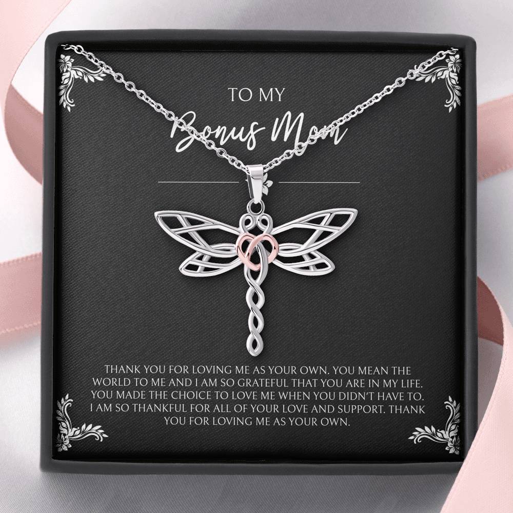 To My Bonus Mom Gifts, You Mean The World To Me , Dragonfly Necklace For Women, Birthday Mothers Day Present From Bonus Daughter