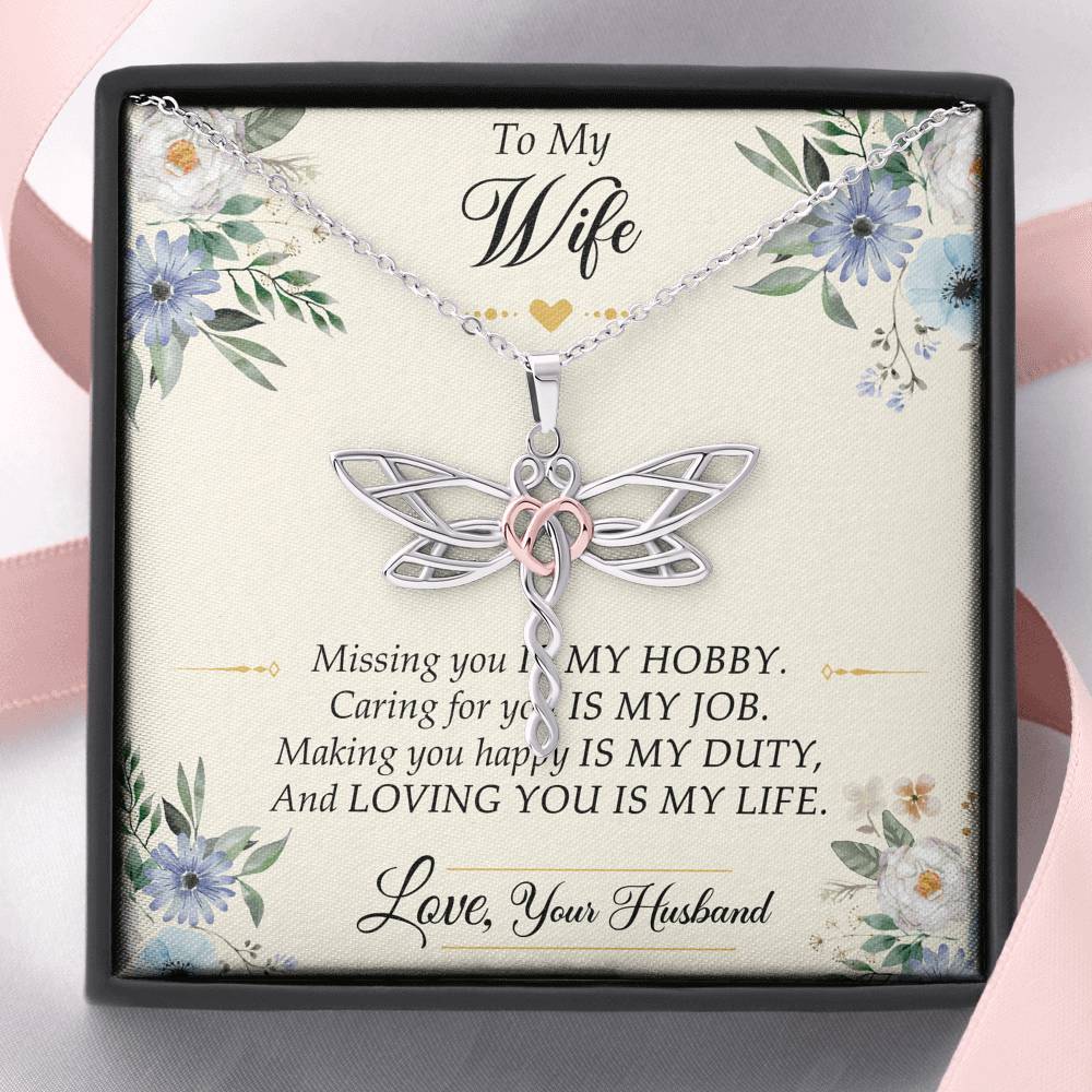 To My Wife, Missing You Is My Hobby, Dragonfly Necklace For Women, Anniversary Birthday Gifts From Husband