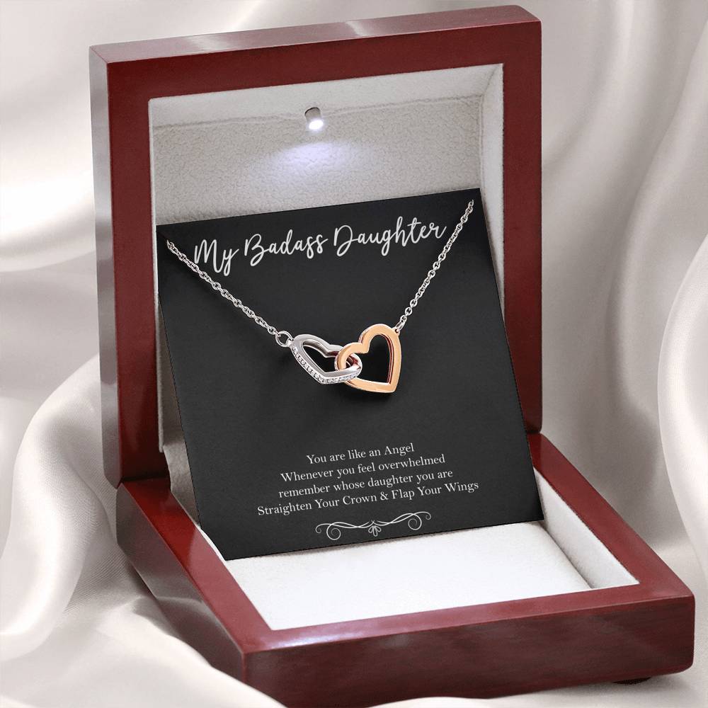 To My Badass Daughter Gifts, You Are Like An Angel, Interlocking Heart Necklace For Women, Birthday Present Idea From Mom