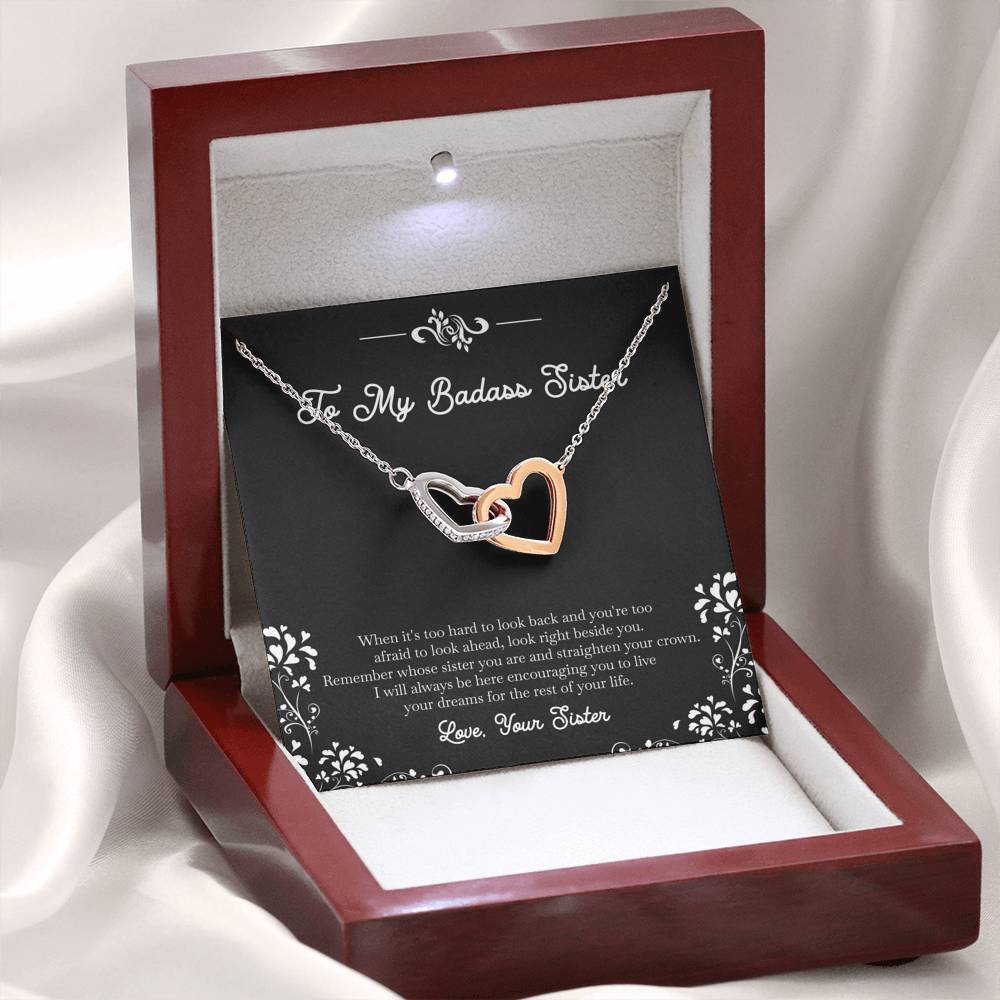 To My Badass Sister Gifts, I Will Always Be Here , Interlocking Heart Necklace For Women, Birthday Present Idea From Sister