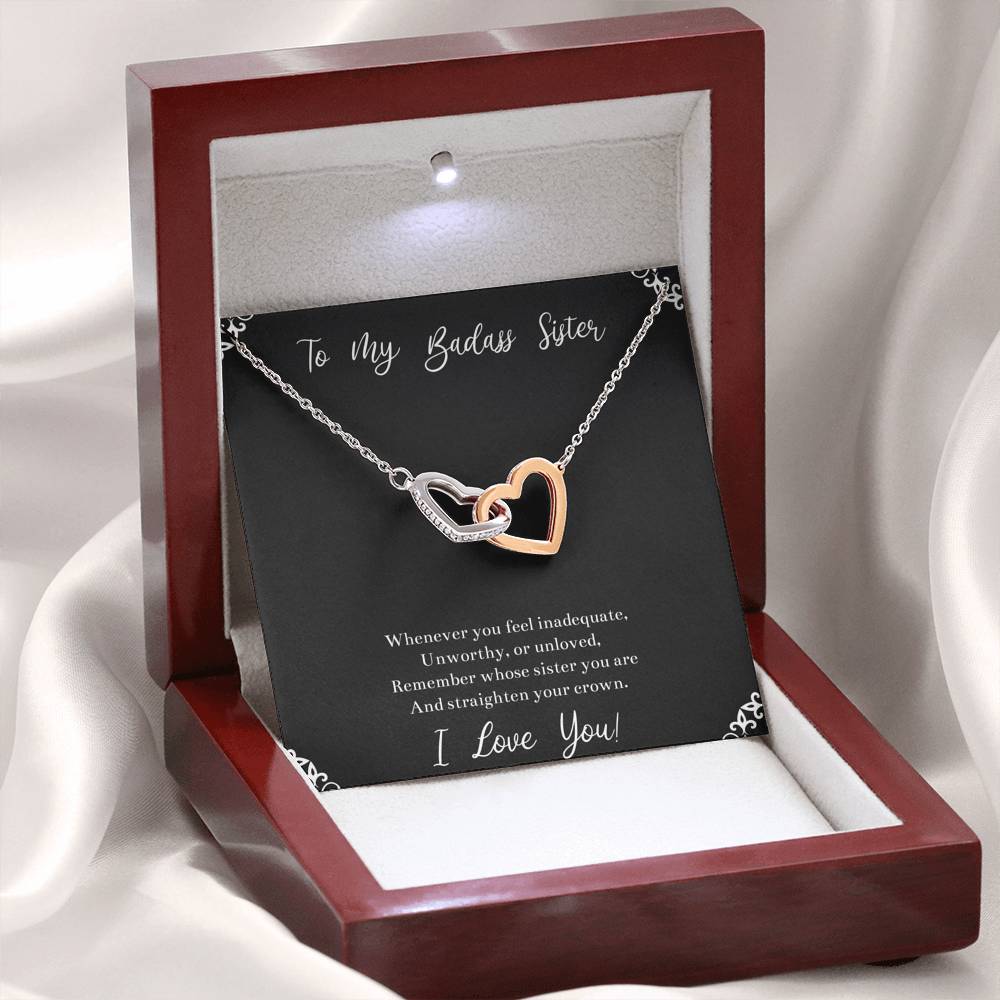 To My Badass Sister Gifts, I Love You, Interlocking Heart Necklace For Women, Birthday Present Idea From Sister