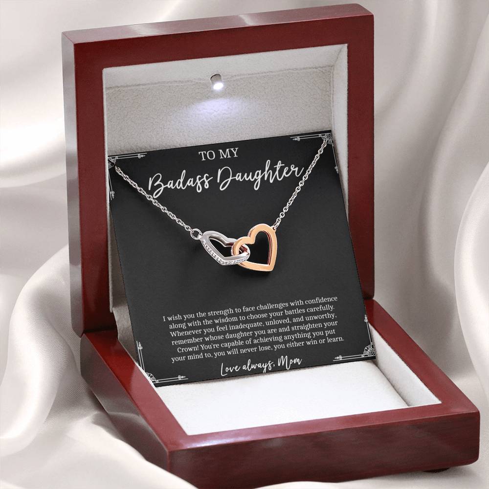 To My Badass Daughter Gifts, I Wish You Strength To Face Challenges, Interlocking Heart Necklace For Women, Birthday Present Idea From Mom