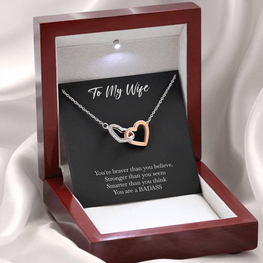 To My Badass Wife, Braver Than You Believe, Interlocking Heart Necklace For Women, Anniversary Birthday Valentines Day Gifts From Husband