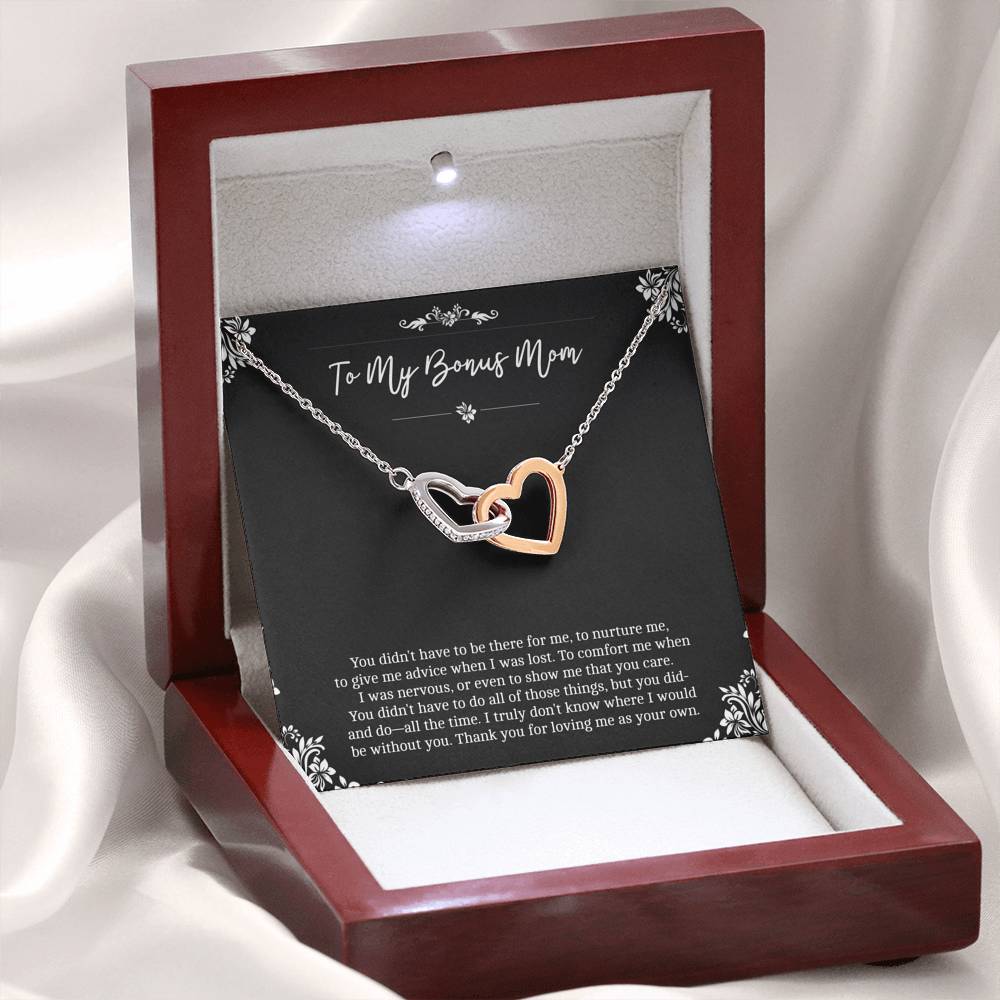 To My Bonus Mom Gifts, Thank You For Loving Me, Interlocking Heart Necklace For Women, Birthday Mothers Day Present From Bonus Daughter