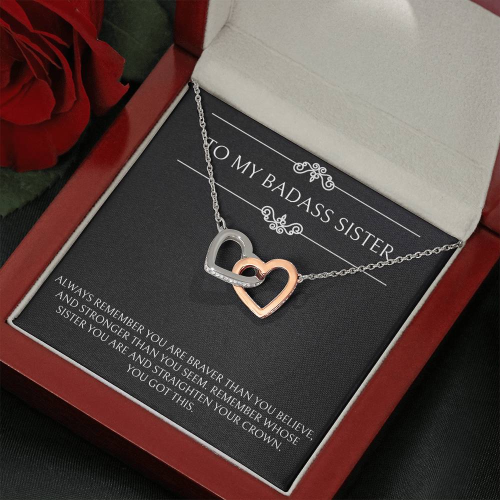 To My Badass Sister Gifts, You Got This, Interlocking Heart Necklace For Women, Birthday Present Ideas From Sister Brother