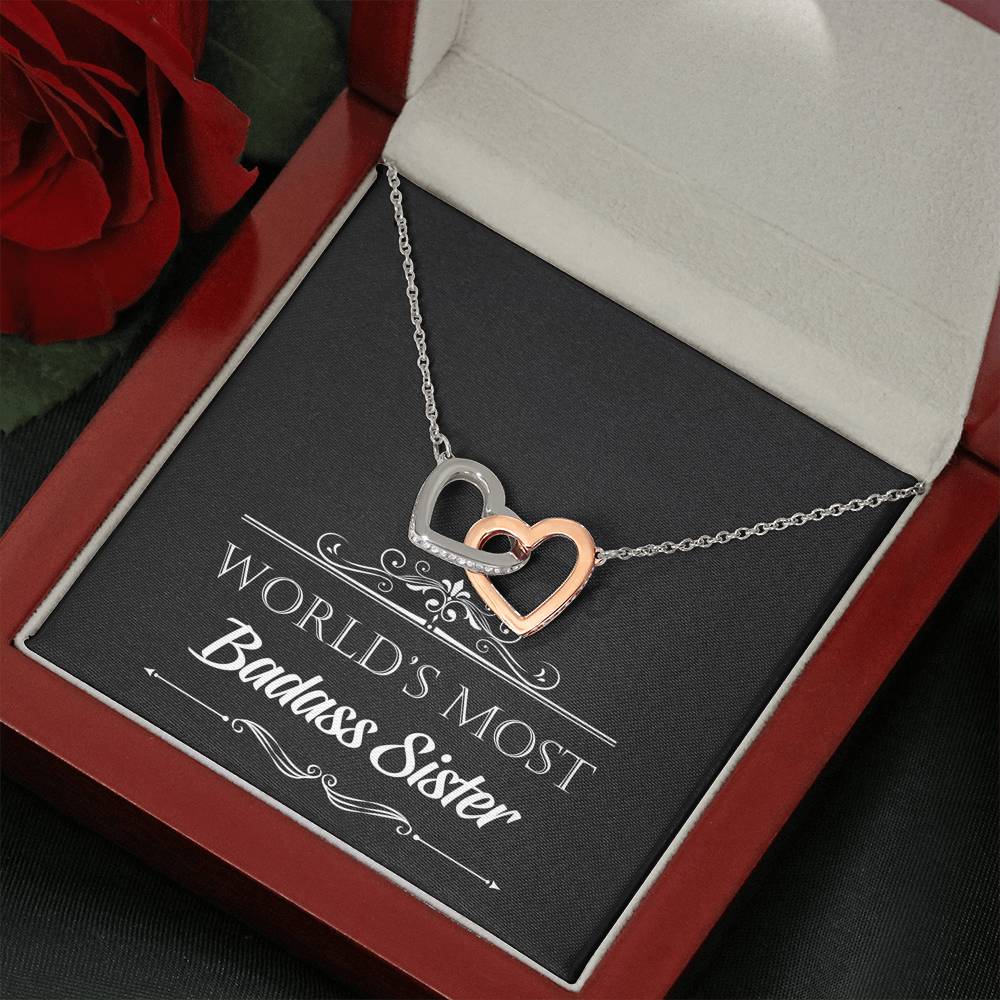 To My Badass Sister Gifts, World's Most Badass Sister, Interlocking Heart Necklace For Women, Birthday Present Idea From Sister