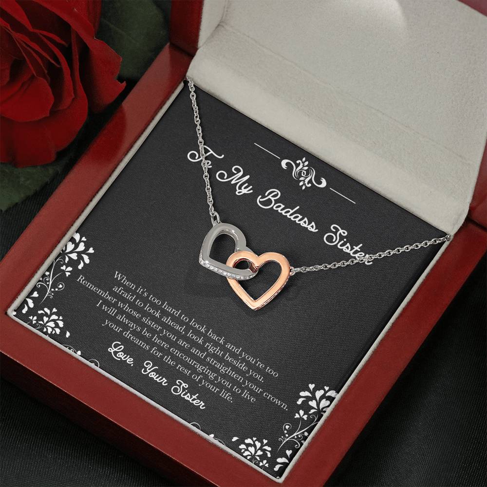 To My Badass Sister Gifts, I Will Always Be Here , Interlocking Heart Necklace For Women, Birthday Present Idea From Sister