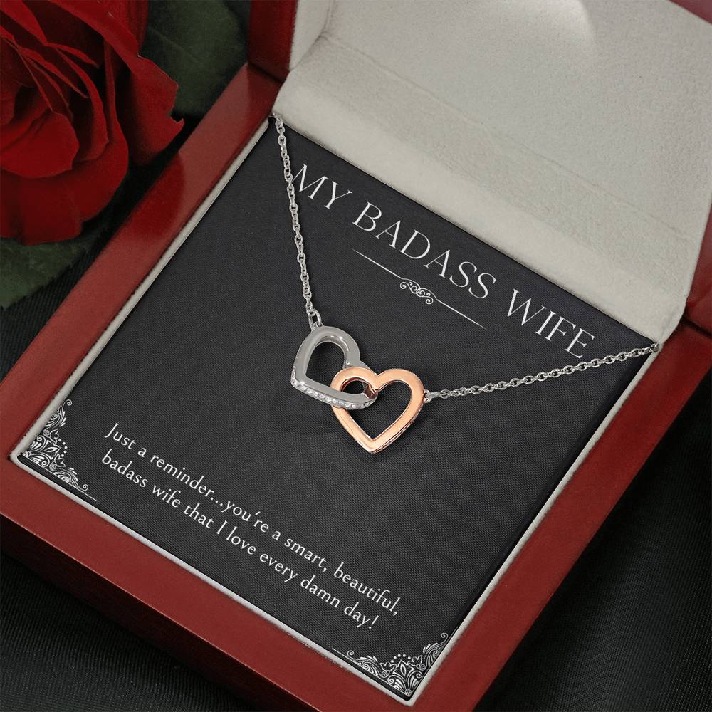 To My Badass Wife, Just A Reminder, Interlocking Heart Necklace For Women, Anniversary Birthday Valentines Day Gifts From Husband