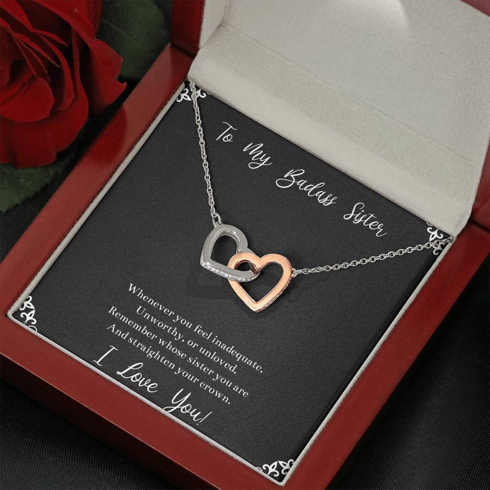 To My Badass Sister Gifts, I Love You, Interlocking Heart Necklace For Women, Birthday Present Idea From Sister