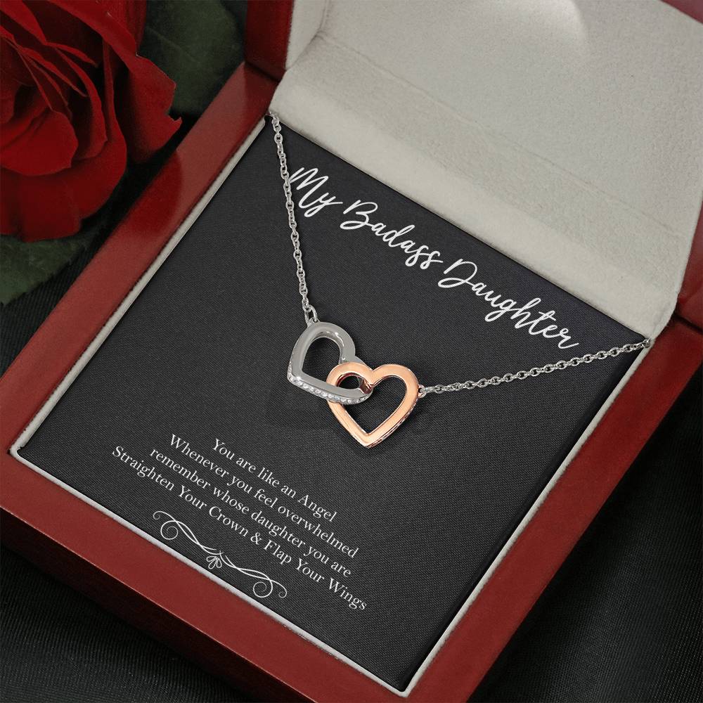 To My Badass Daughter Gifts, You Are Like An Angel, Interlocking Heart Necklace For Women, Birthday Present Idea From Mom