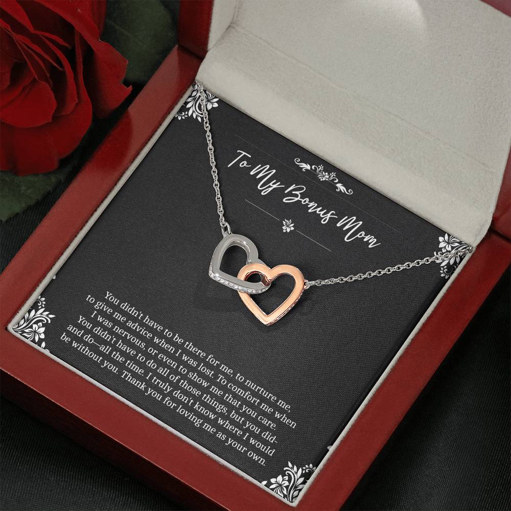To My Bonus Mom Gifts, Thank You For Loving Me, Interlocking Heart Necklace For Women, Birthday Mothers Day Present From Bonus Daughter
