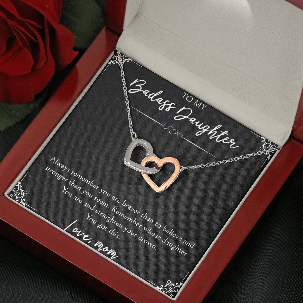 To My Badass Daughter Gifts, You Are Braver Than You Believe, Interlocking Heart Necklace For Women, Birthday Present Idea From Mom
