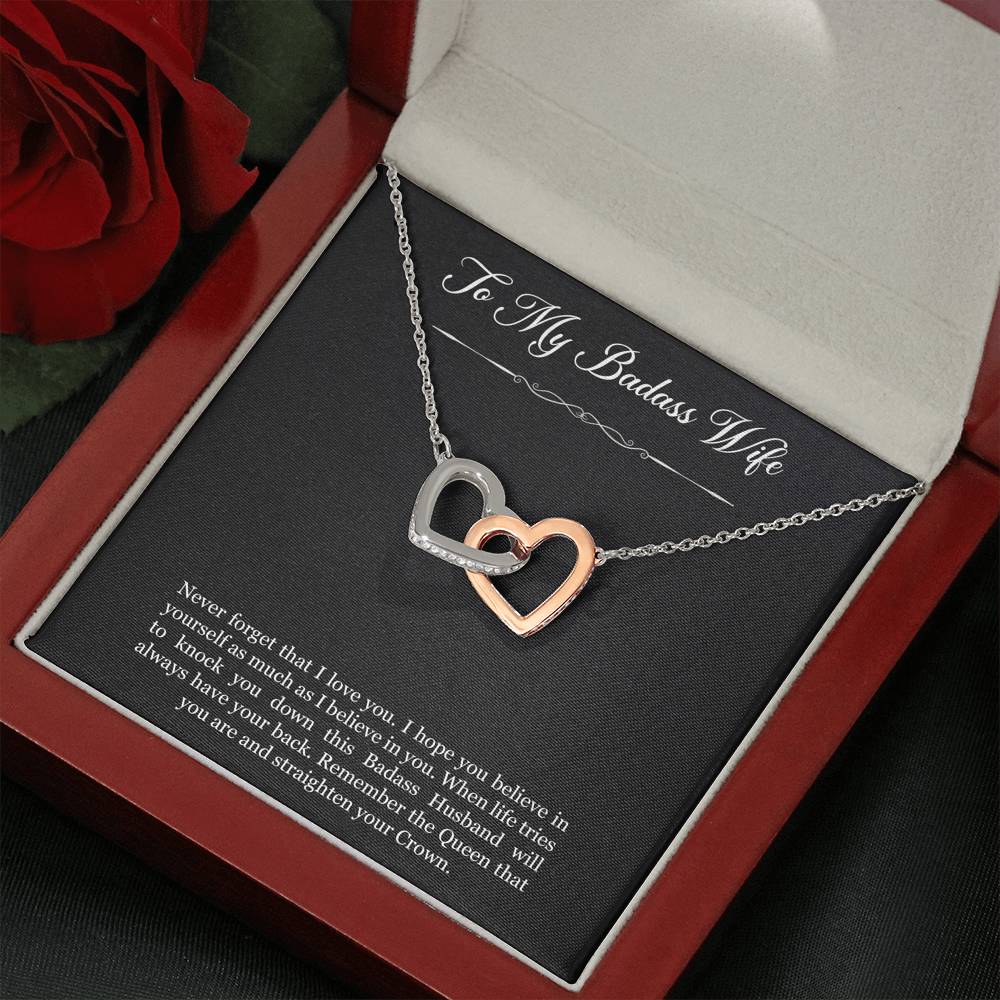 To My Badass Wife, Never Forget That I Love You, Interlocking Heart Necklace For Women, Anniversary Birthday Gifts From Husband