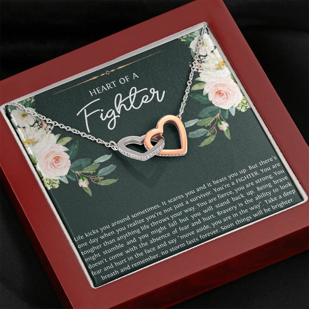 Encouragement Gifts, Heart of a Fighter, Motivational Interlocking Heart Necklace For Women, Sympathy Inspiration Friendship Present