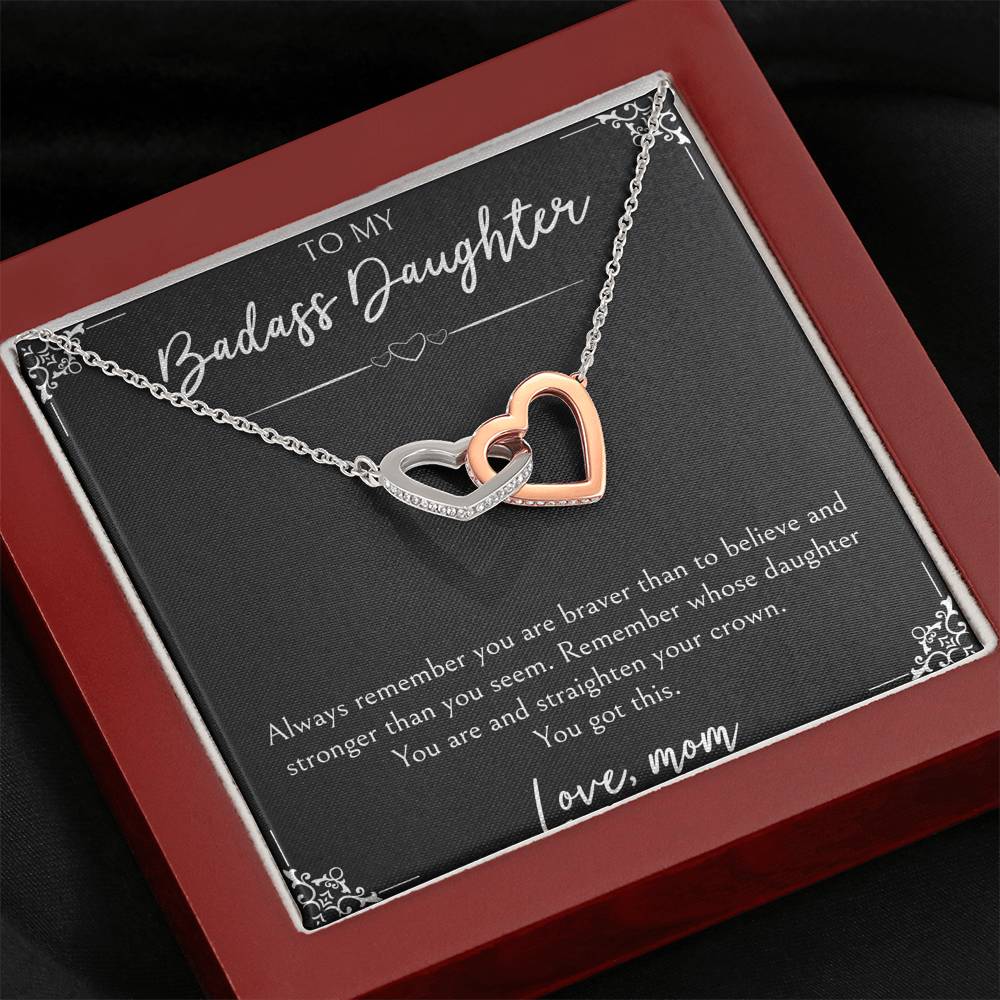 To My Badass Daughter Gifts, You Are Braver Than You Believe, Interlocking Heart Necklace For Women, Birthday Present Idea From Mom