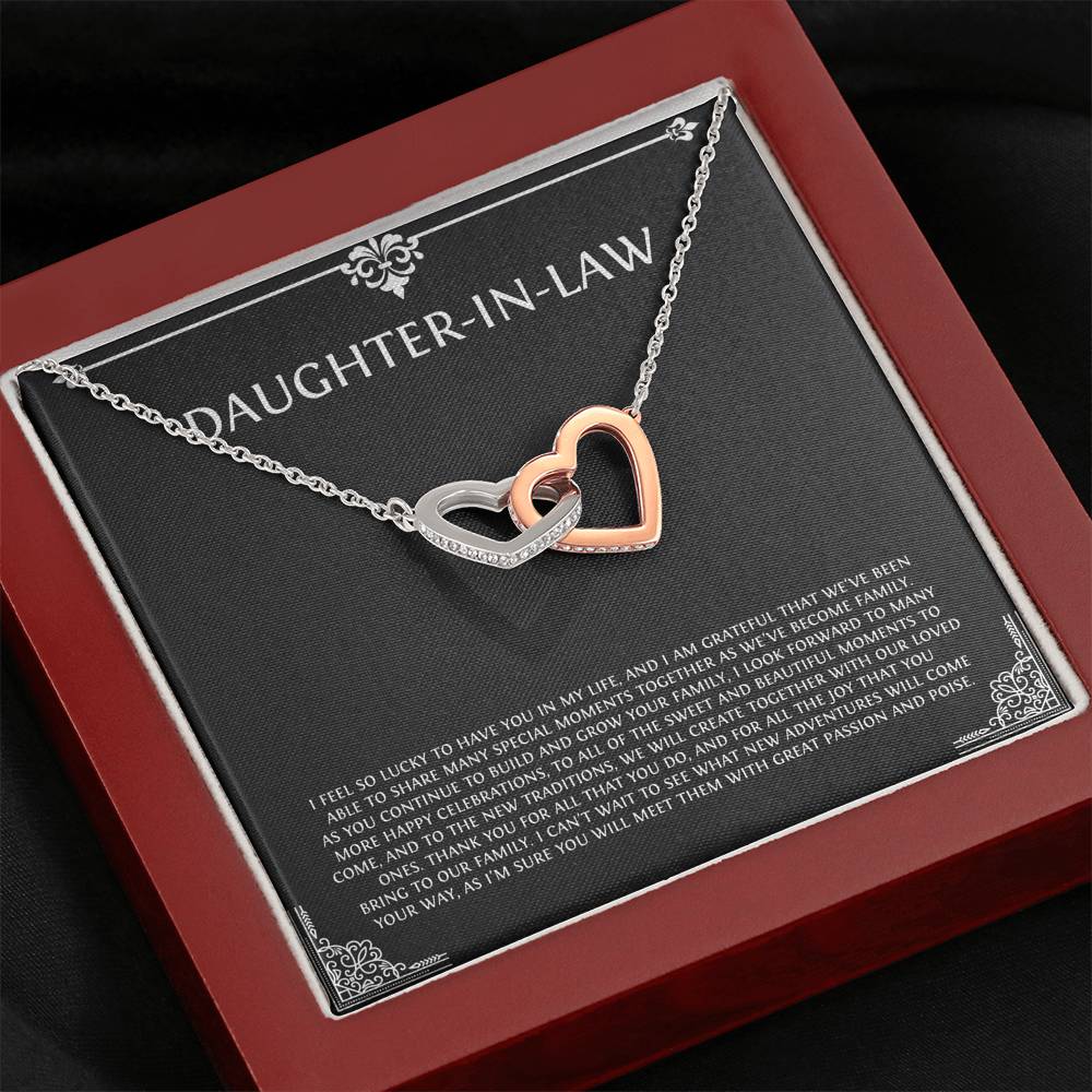 To My Daughter-in-law Gifts, I'm Lucky To Have You, Interlocking Heart Necklace For Women, Birthday Present Idea From Mother-in-law