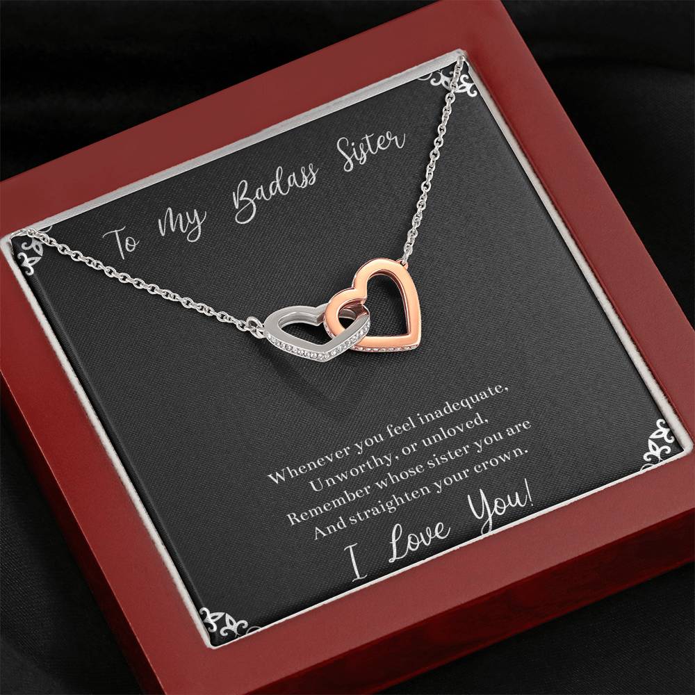 To My Badass Sister Gifts, I Love You, Interlocking Heart Necklace For Women, Birthday Present Idea From Sister