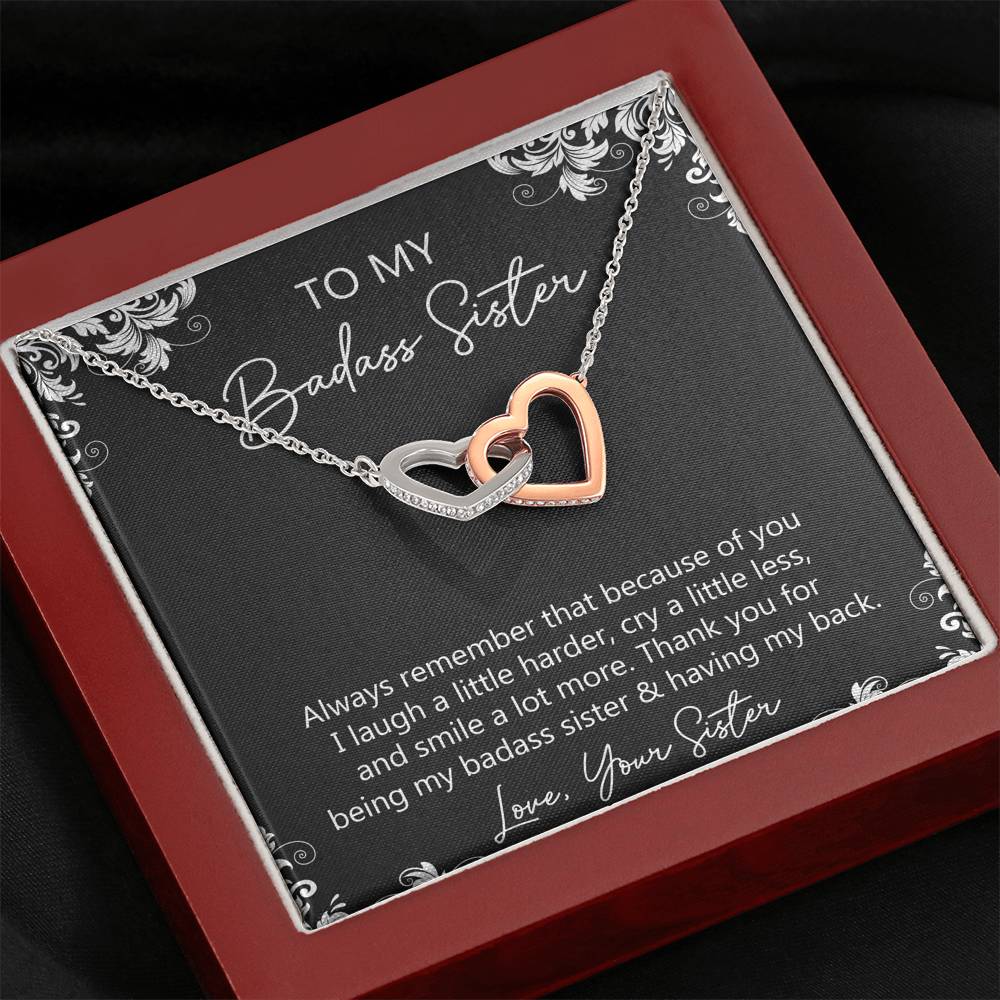 To My Badass Sister Gifts, Always Remember, Interlocking Heart Necklace For Women, Birthday Present Idea From Sister