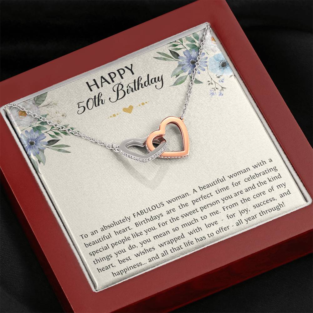 Fabulous Woman Interlocking Heart Necklace - Happy Birthday Message | 50th Birthday Gift