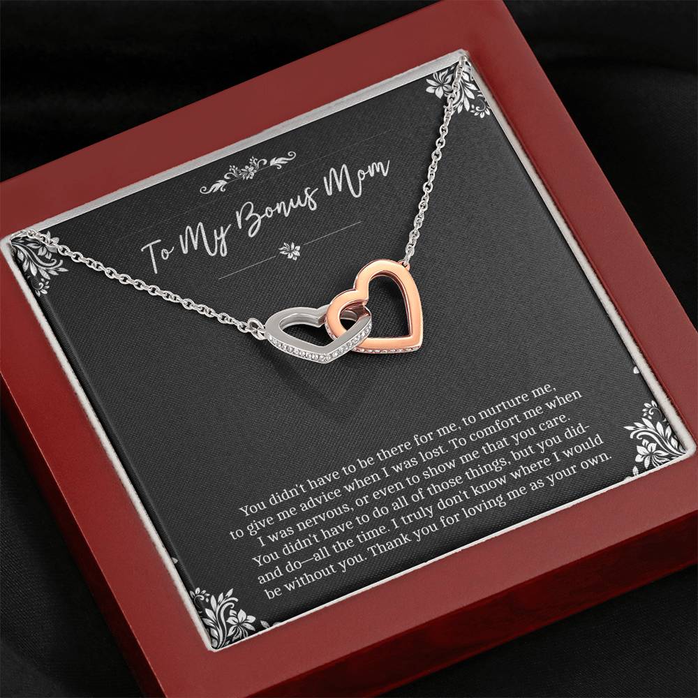 To My Bonus Mom Gifts, Thank You For Loving Me, Interlocking Heart Necklace For Women, Birthday Mothers Day Present From Bonus Daughter