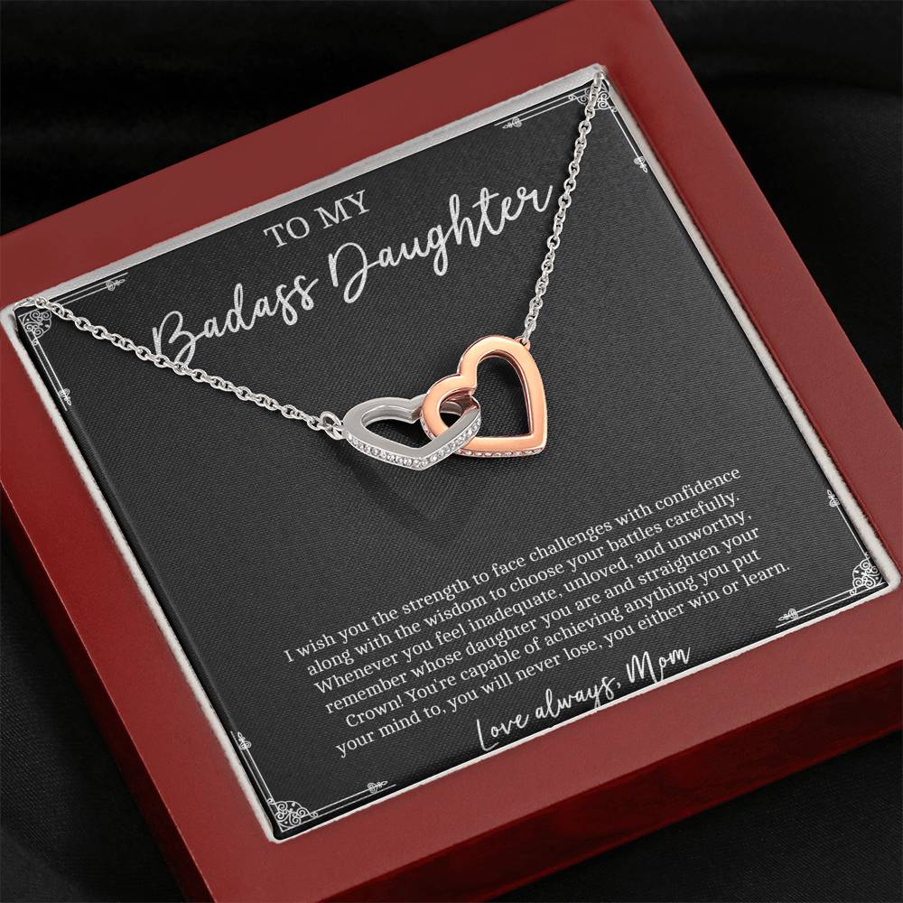 To My Badass Daughter Gifts, I Wish You Strength To Face Challenges, Interlocking Heart Necklace For Women, Birthday Present Idea From Mom