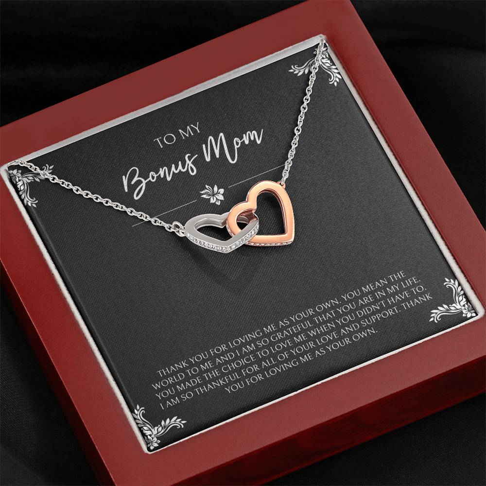 To My Bonus Mom Gifts, You Mean The World To Me , Interlocking Heart Necklace For Women, Birthday Mothers Day Present From Bonus Daughter