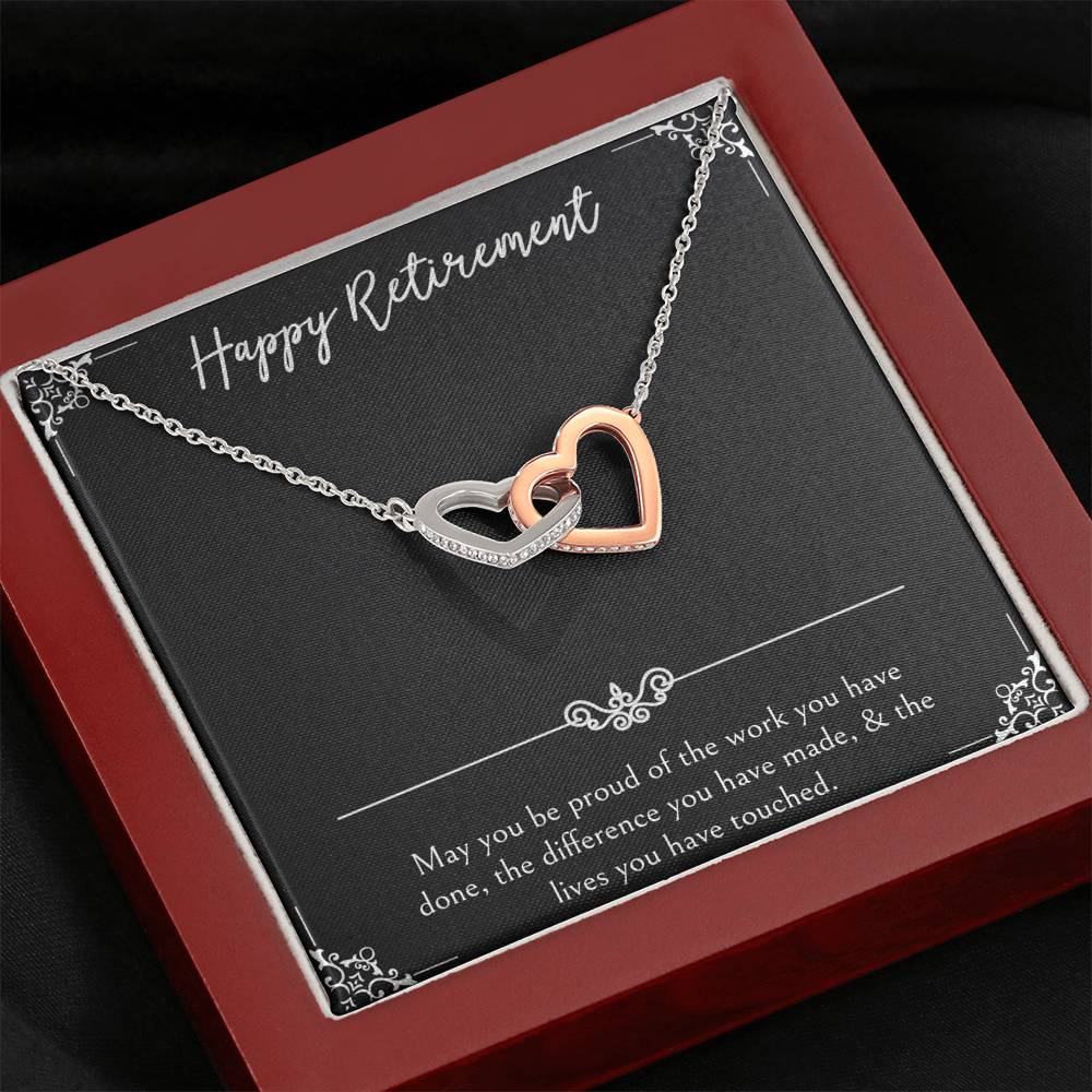 Retirement Gifts, Be Proud Of Your Work, Happy Retirement Interlocking Heart Necklace For Women, Retirement Party Favor From Friends Coworkers