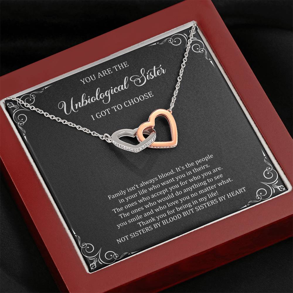 To My Unbiological Sister Gifts, Family Isn't Always Blood, Interlocking Heart Necklace For Women, Birthday Present Idea From Sister-in-law