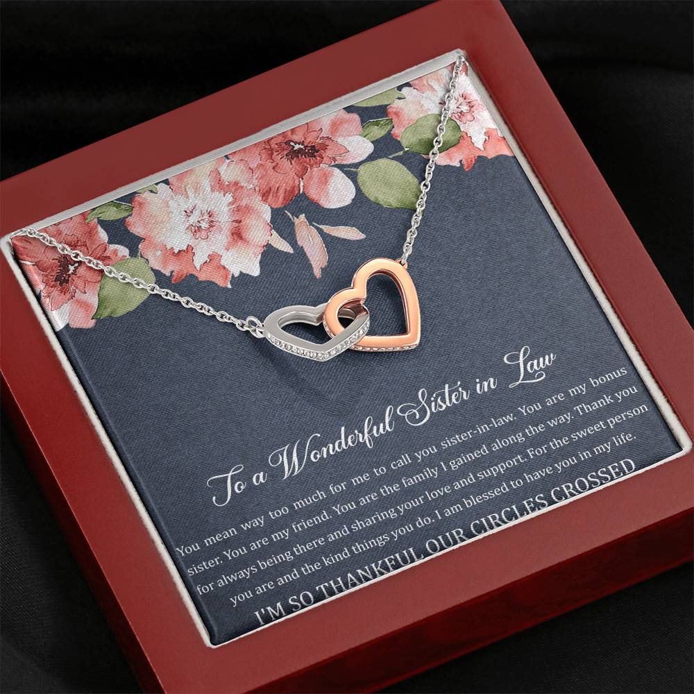 To My Sister-in-law Gifts, I'm Thankful Our Circles Crossed, Interlocking Heart Necklace For Women, Birthday Present Idea From Sister