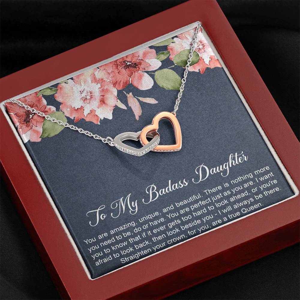 To My Badass Daughter Gifts, You Are Amazing, Interlocking Heart Necklace For Women, Birthday Present Idea From Mom